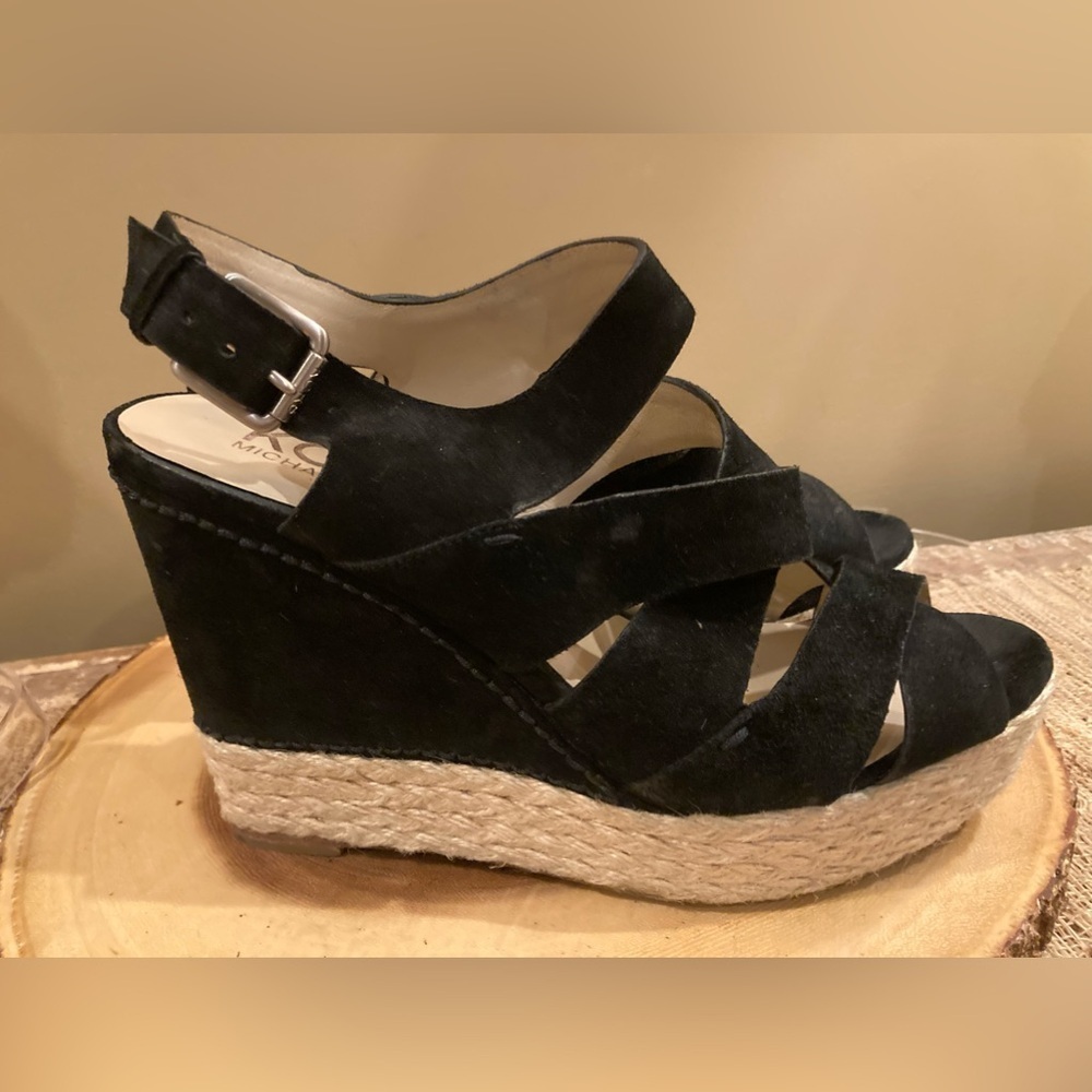 KORS MICHAEL KORS CYNTHIA Black Suede Designer Wedge Platform Sandal 10M‎ 265$